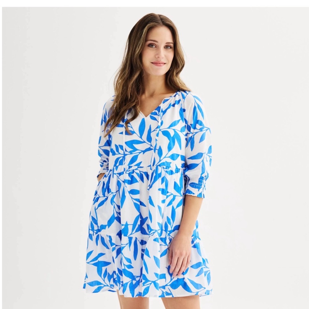 Sonoma Goods For Life Blue Floral Tie-Neck Tiered Dress (Size: S)